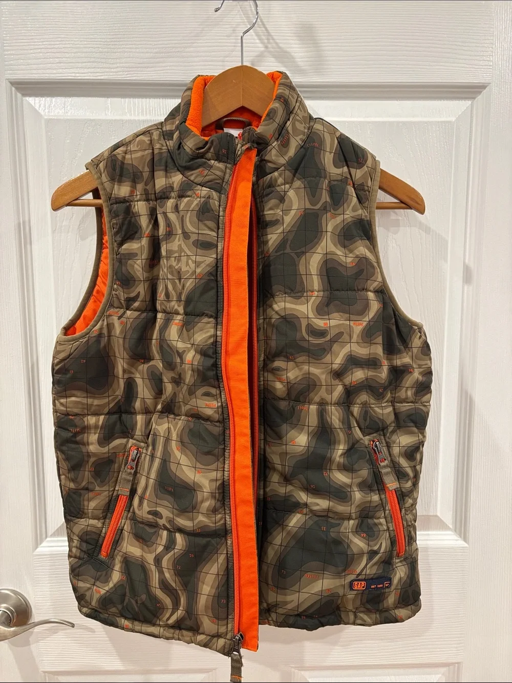 GAP Camouflage Puffer Vest with Bright Orange Trim